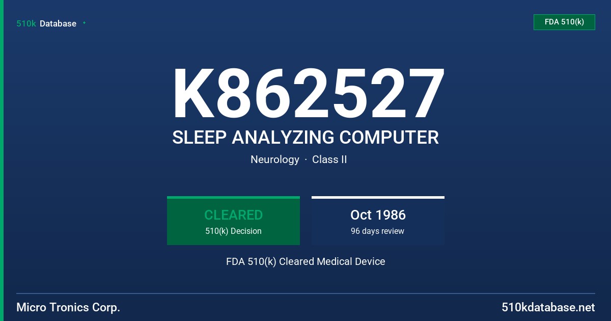 K862527 SLEEP ANALYZING COMPUTER FDA 510(k) Cleared Medical Device