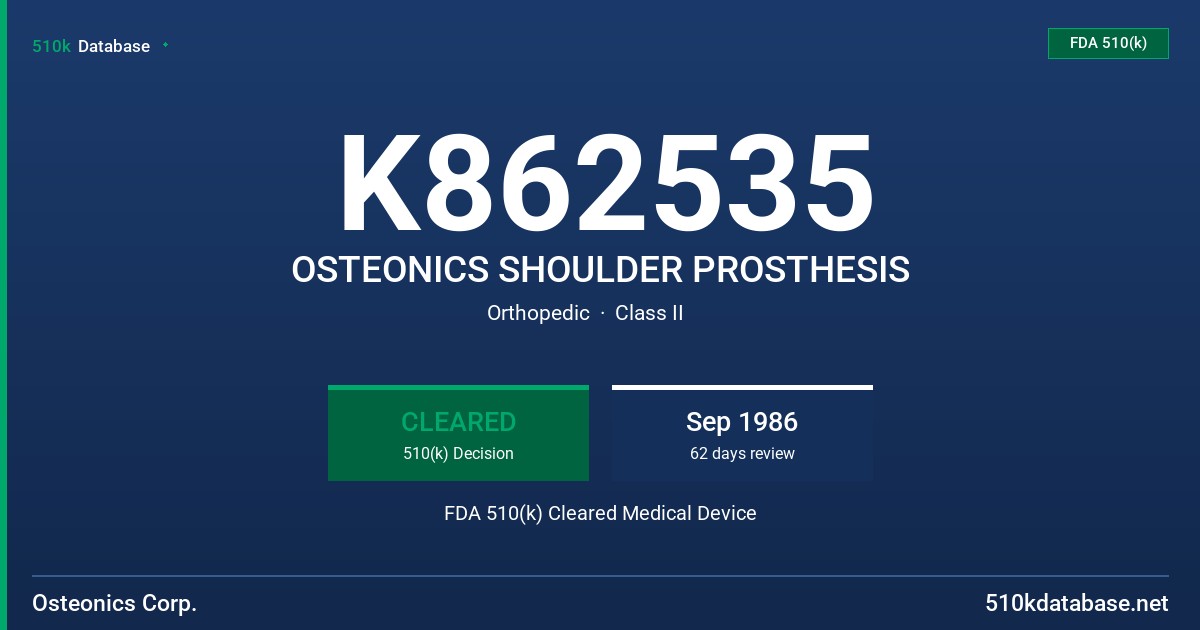 K862535 OSTEONICS SHOULDER PROSTHESIS FDA 510(k) Cleared Medical Device