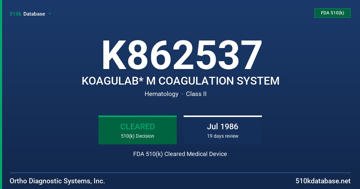 K862537 KOAGULAB* M COAGULATION SYSTEM FDA 510(k) Cleared Medical Device
