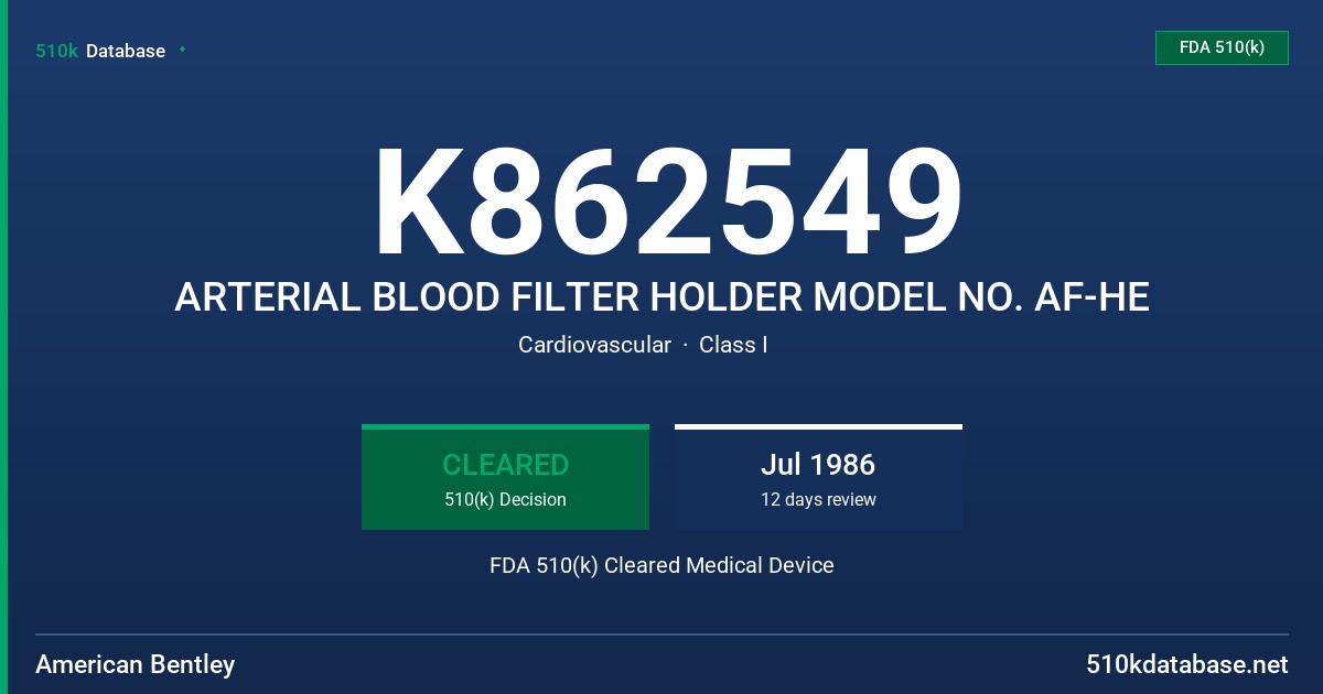 K862549 ARTERIAL BLOOD FILTER HOLDER MODEL NO. AF-HE FDA 510(k) Cleared Medical Device