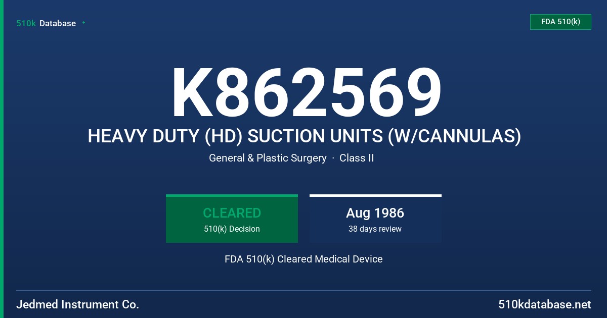 K862569 HEAVY DUTY (HD) SUCTION UNITS (W/CANNULAS) FDA 510(k) Cleared Medical Device