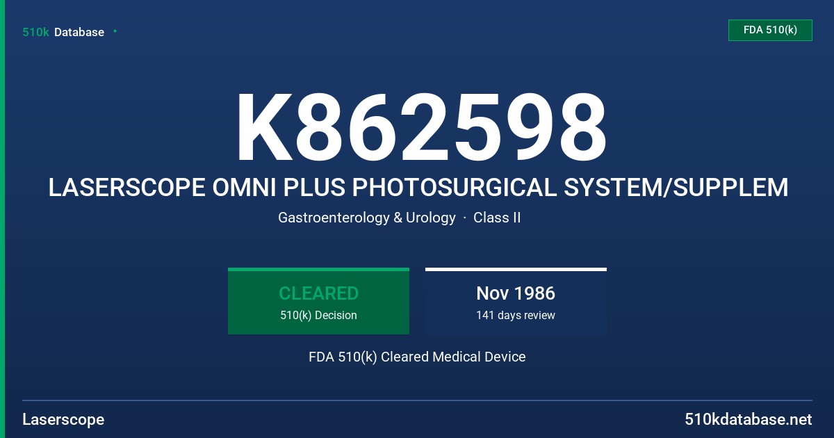 K862598 LASERSCOPE OMNI PLUS PHOTOSURGICAL SYSTEM/SUPPLEM FDA 510(k) Cleared Medical Device