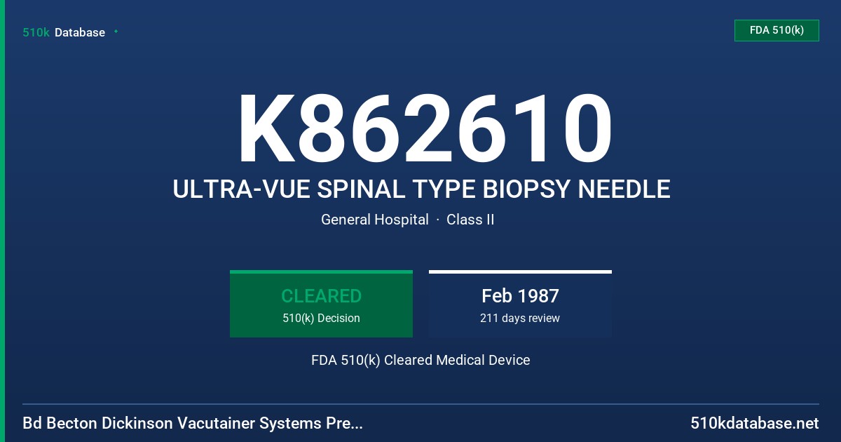 K862610 ULTRA-VUE SPINAL TYPE BIOPSY NEEDLE FDA 510(k) Cleared Medical Device