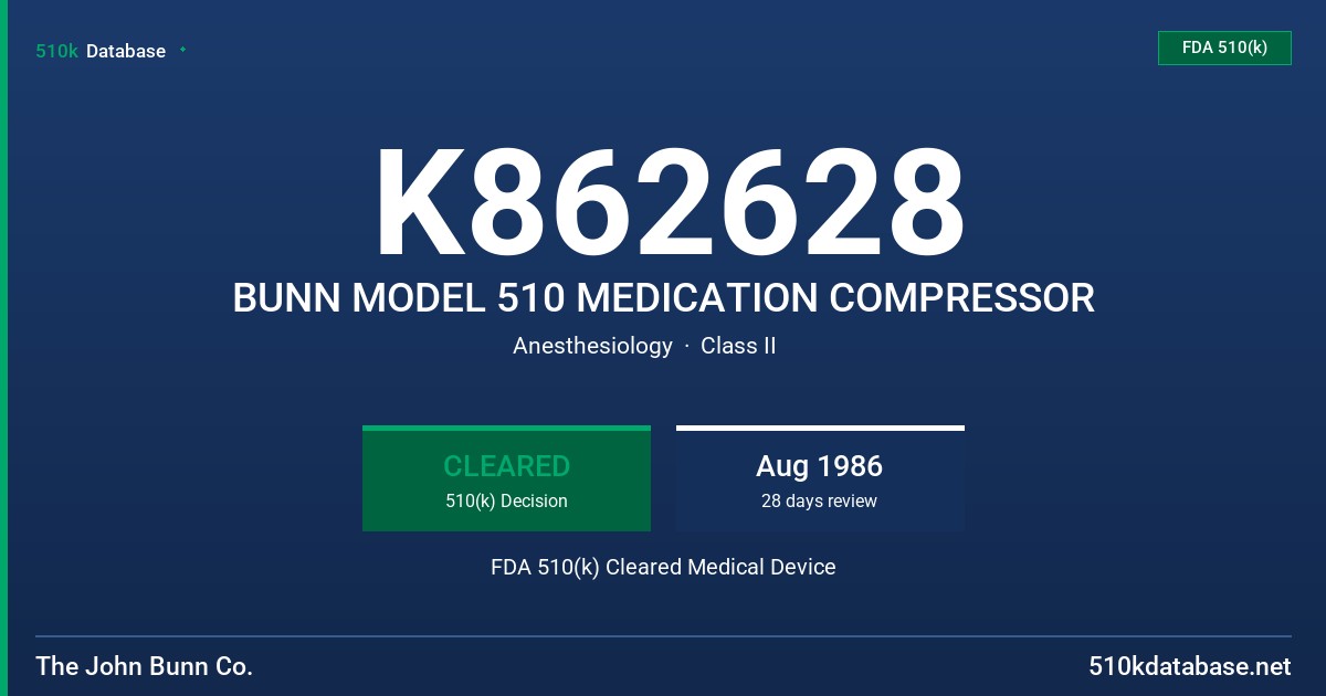 K862628 BUNN MODEL 510 MEDICATION COMPRESSOR FDA 510(k) Cleared Medical Device