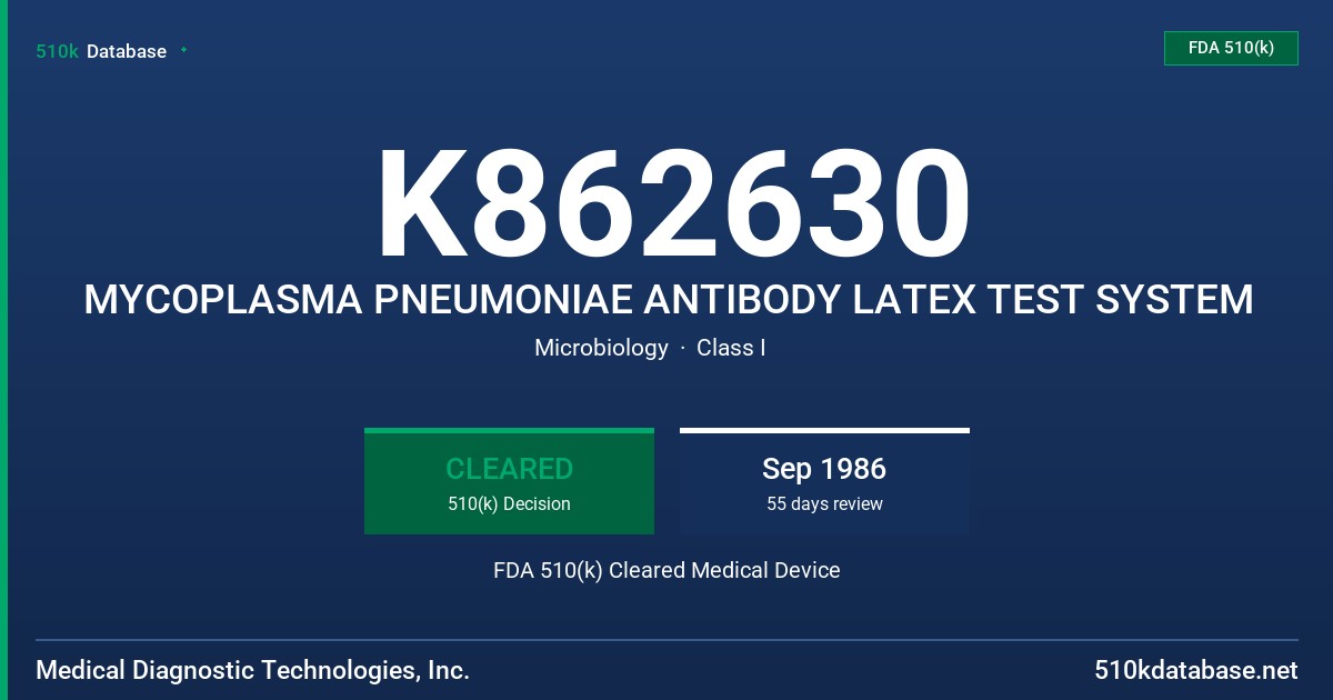 K862630 MYCOPLASMA PNEUMONIAE ANTIBODY LATEX TEST SYSTEM FDA 510(k) Cleared Medical Device