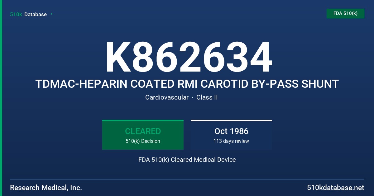 K862634 TDMAC-HEPARIN COATED RMI CAROTID BY-PASS SHUNT FDA 510(k) Cleared Medical Device