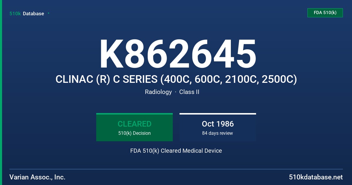 K862645 CLINAC (R) C SERIES (400C, 600C, 2100C, 2500C) FDA 510(k) Cleared Medical Device
