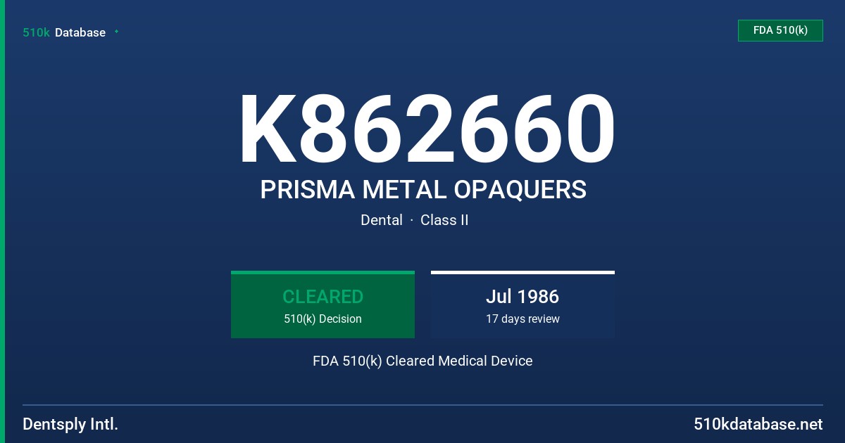 K862660 PRISMA METAL OPAQUERS FDA 510(k) Cleared Medical Device