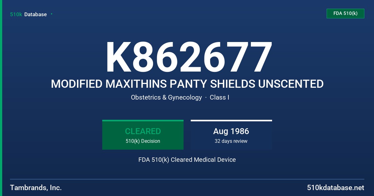 K862677 MODIFIED MAXITHINS PANTY SHIELDS UNSCENTED FDA 510(k) Cleared Medical Device