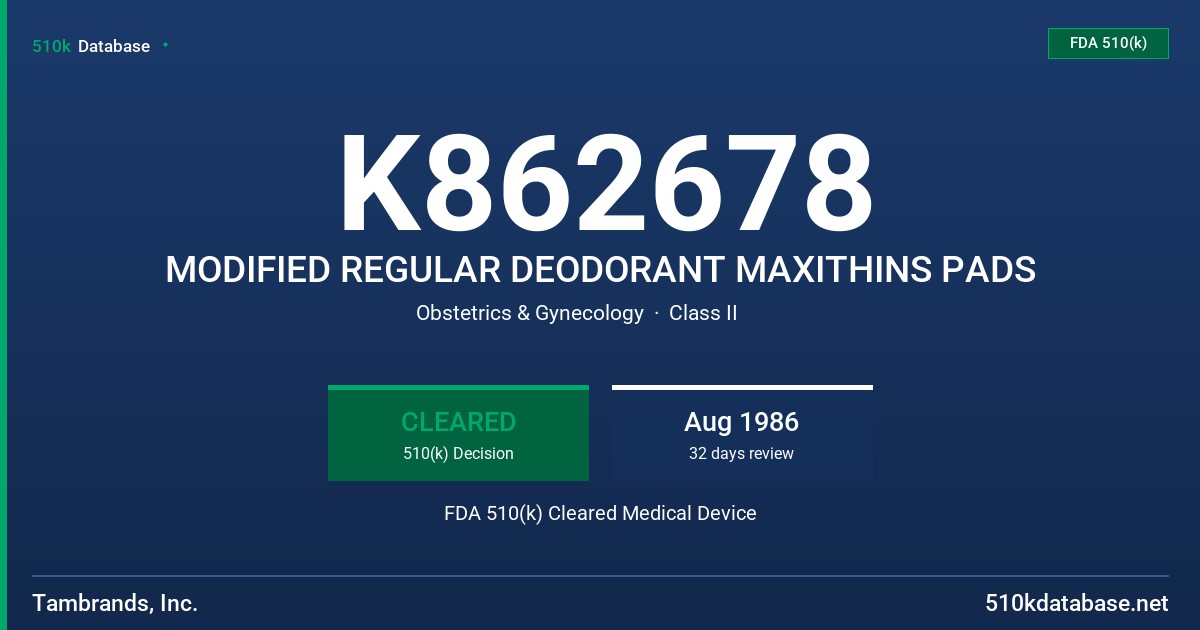 K862678 MODIFIED REGULAR DEODORANT MAXITHINS PADS FDA 510(k) Cleared Medical Device