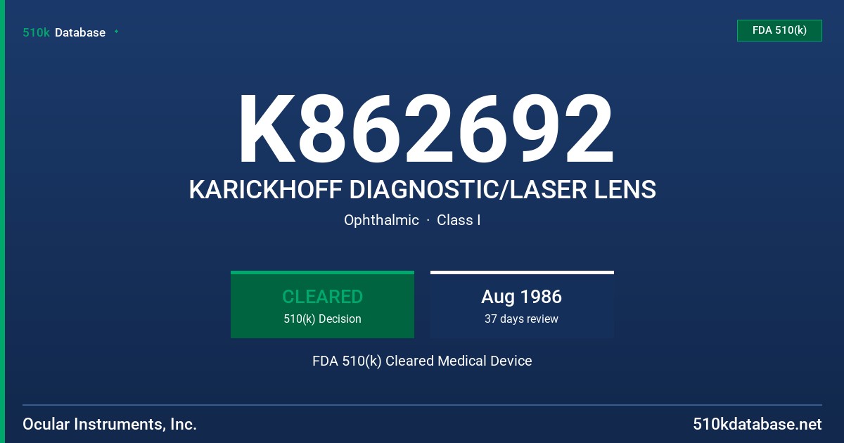 K862692 KARICKHOFF DIAGNOSTIC/LASER LENS FDA 510(k) Cleared Medical Device