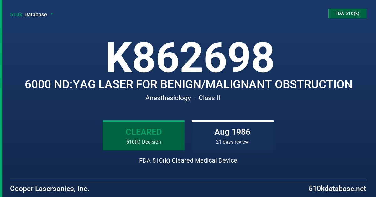 K862698 6000 ND:YAG LASER FOR BENIGN/MALIGNANT OBSTRUCTION FDA 510(k) Cleared Medical Device