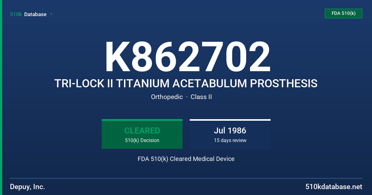 K862702 TRI-LOCK II TITANIUM ACETABULUM PROSTHESIS FDA 510(k) Cleared Medical Device