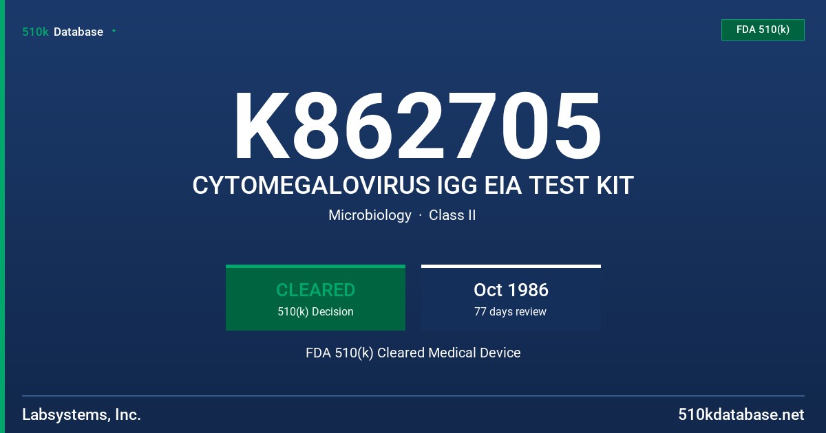 K862705 CYTOMEGALOVIRUS IGG EIA TEST KIT FDA 510(k) Cleared Medical Device