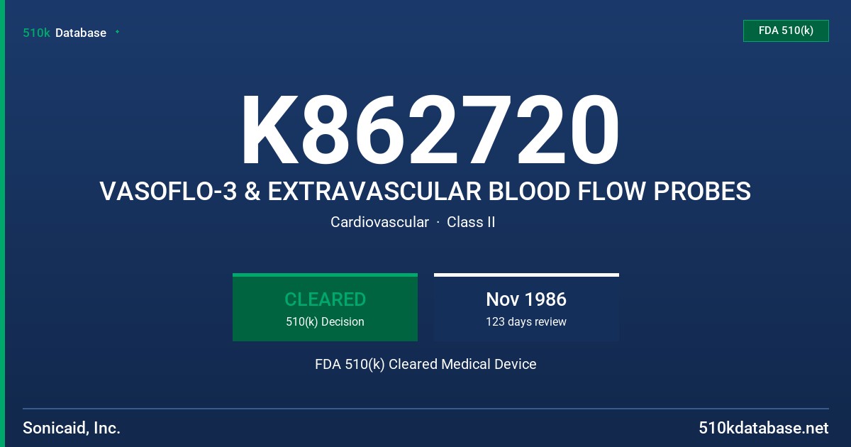 K862720 VASOFLO-3 & EXTRAVASCULAR BLOOD FLOW PROBES FDA 510(k) Cleared Medical Device