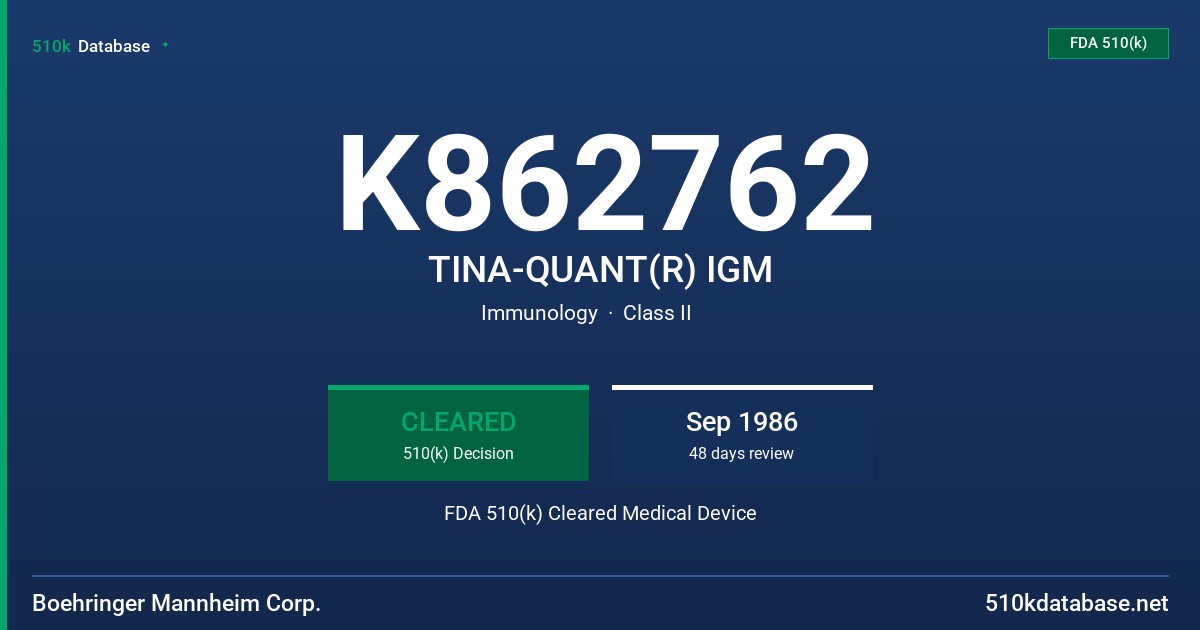 K862762 TINA-QUANT(R) IGM FDA 510(k) Cleared Medical Device