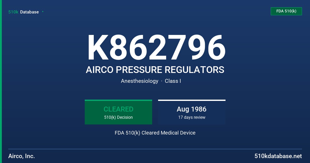 K862796 AIRCO PRESSURE REGULATORS FDA 510(k) Cleared Medical Device