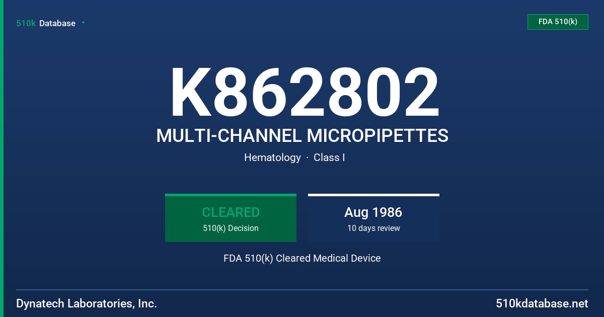 K862802 MULTI-CHANNEL MICROPIPETTES FDA 510(k) Cleared Medical Device