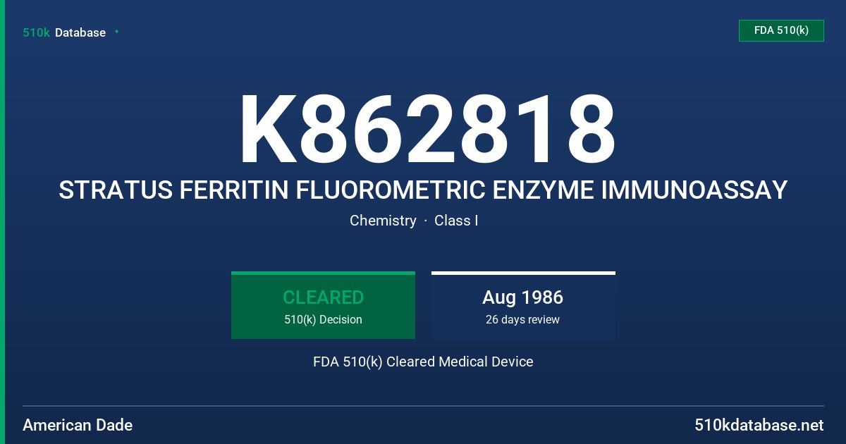 K862818 STRATUS FERRITIN FLUOROMETRIC ENZYME IMMUNOASSAY FDA 510(k) Cleared Medical Device