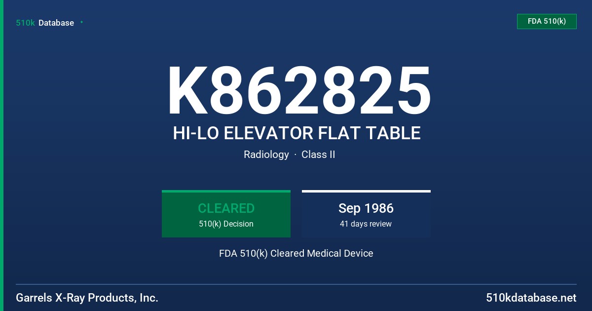 K862825 HI-LO ELEVATOR FLAT TABLE FDA 510(k) Cleared Medical Device