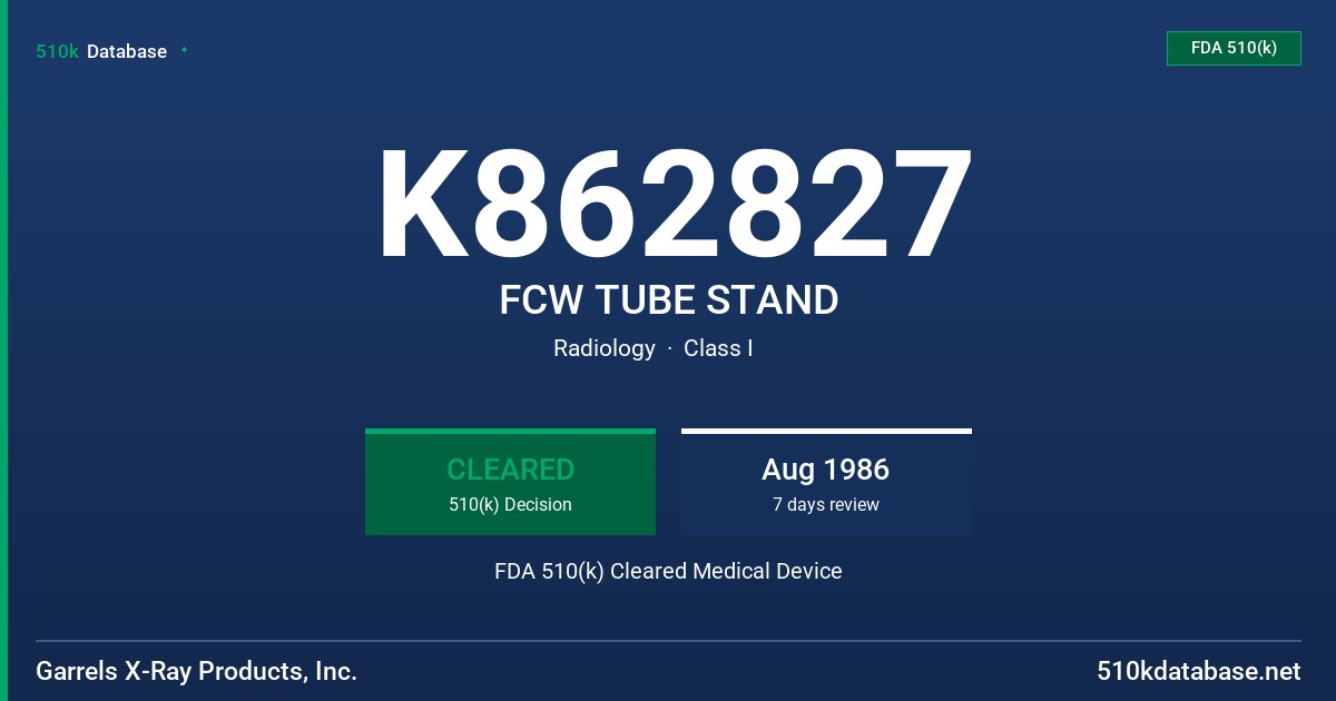 K862827 FCW TUBE STAND FDA 510(k) Cleared Medical Device