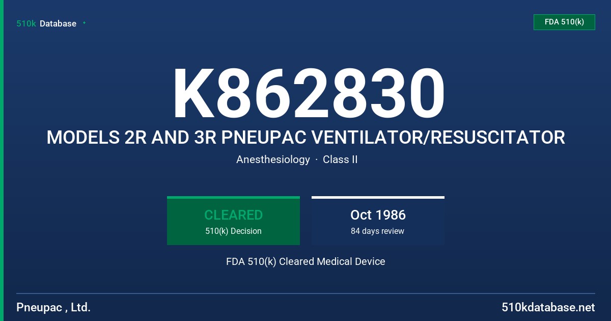 K862830 MODELS 2R AND 3R PNEUPAC VENTILATOR/RESUSCITATOR FDA 510(k) Cleared Medical Device