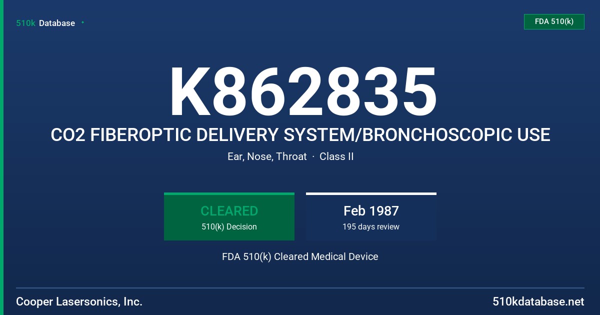 K862835 CO2 FIBEROPTIC DELIVERY SYSTEM/BRONCHOSCOPIC USE FDA 510(k) Cleared Medical Device