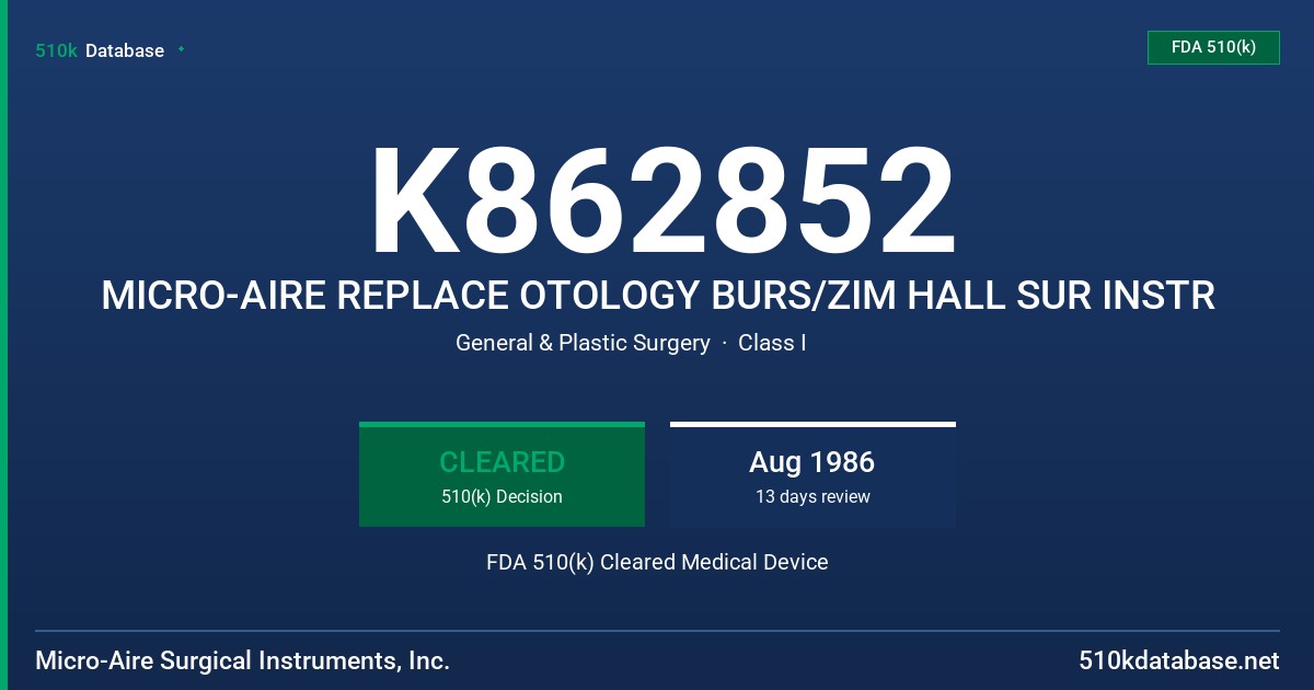 K862852 MICRO-AIRE REPLACE OTOLOGY BURS/ZIM HALL SUR INSTR FDA 510(k) Cleared Medical Device