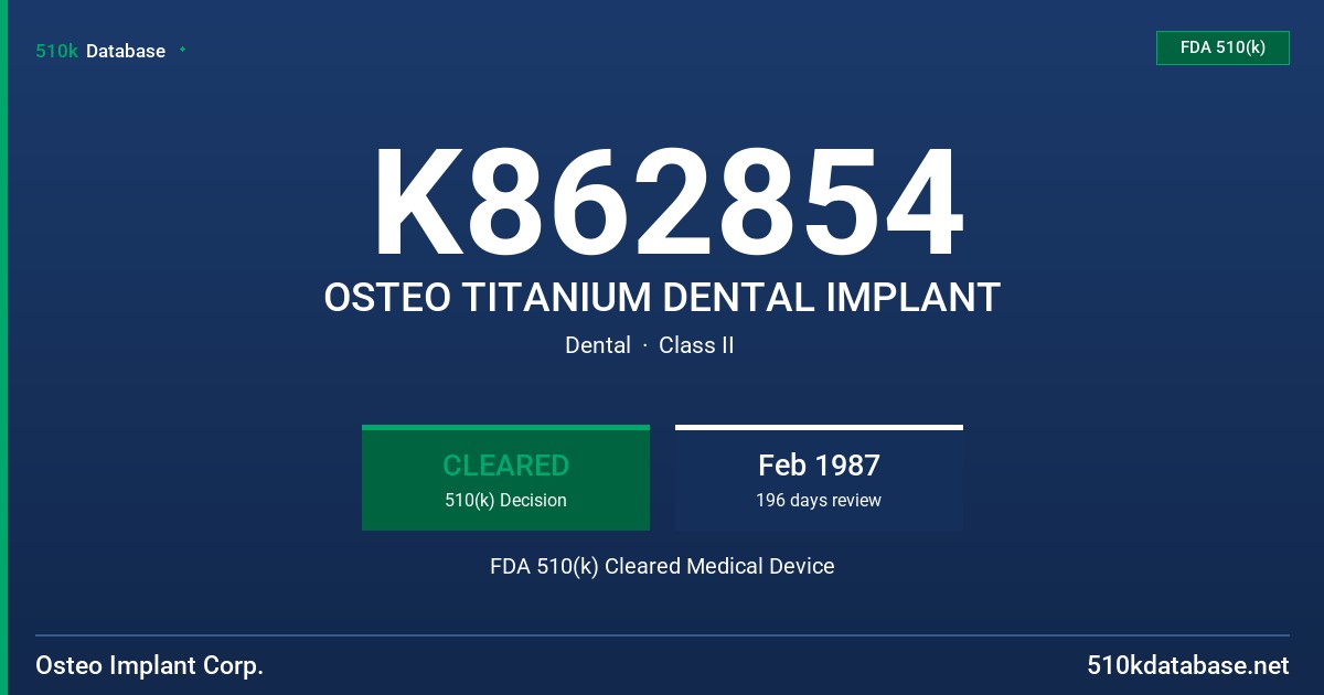 K862854 OSTEO TITANIUM DENTAL IMPLANT FDA 510(k) Cleared Medical Device