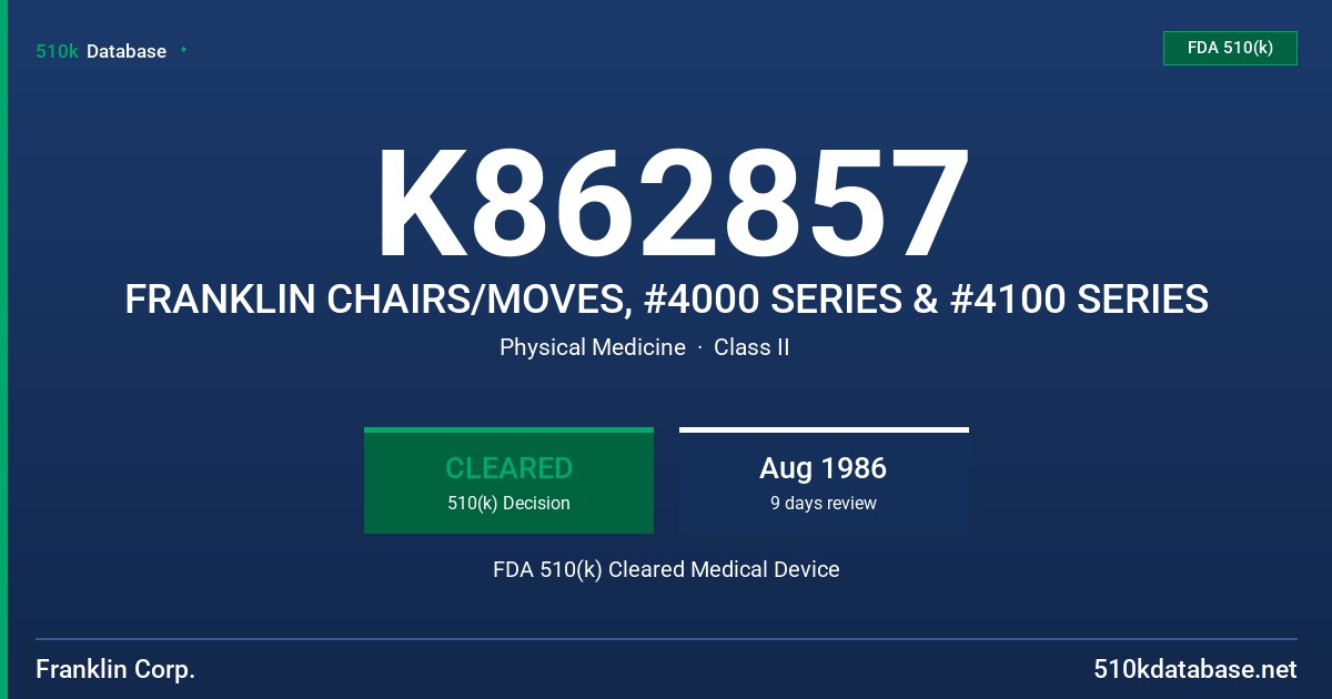 K862857 FRANKLIN CHAIRS/MOVES, #4000 SERIES & #4100 SERIES FDA 510(k) Cleared Medical Device