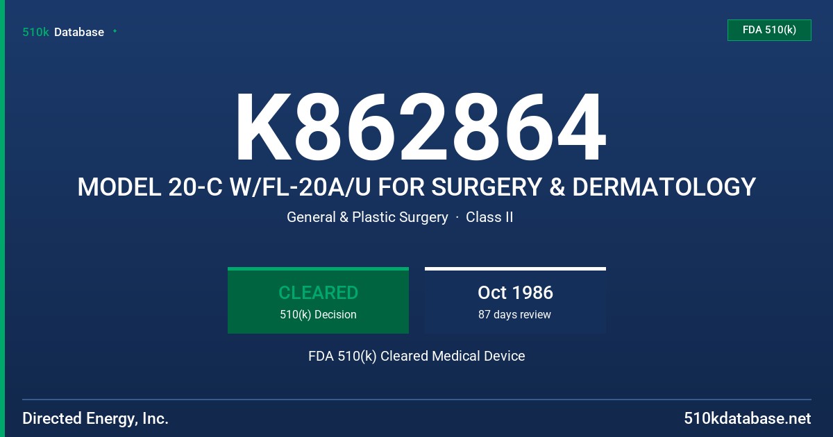 K862864 MODEL 20-C W/FL-20A/U FOR SURGERY & DERMATOLOGY FDA 510(k) Cleared Medical Device