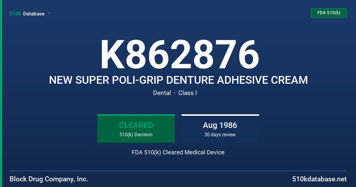 K862876 NEW SUPER POLI-GRIP DENTURE ADHESIVE CREAM FDA 510(k) Cleared Medical Device