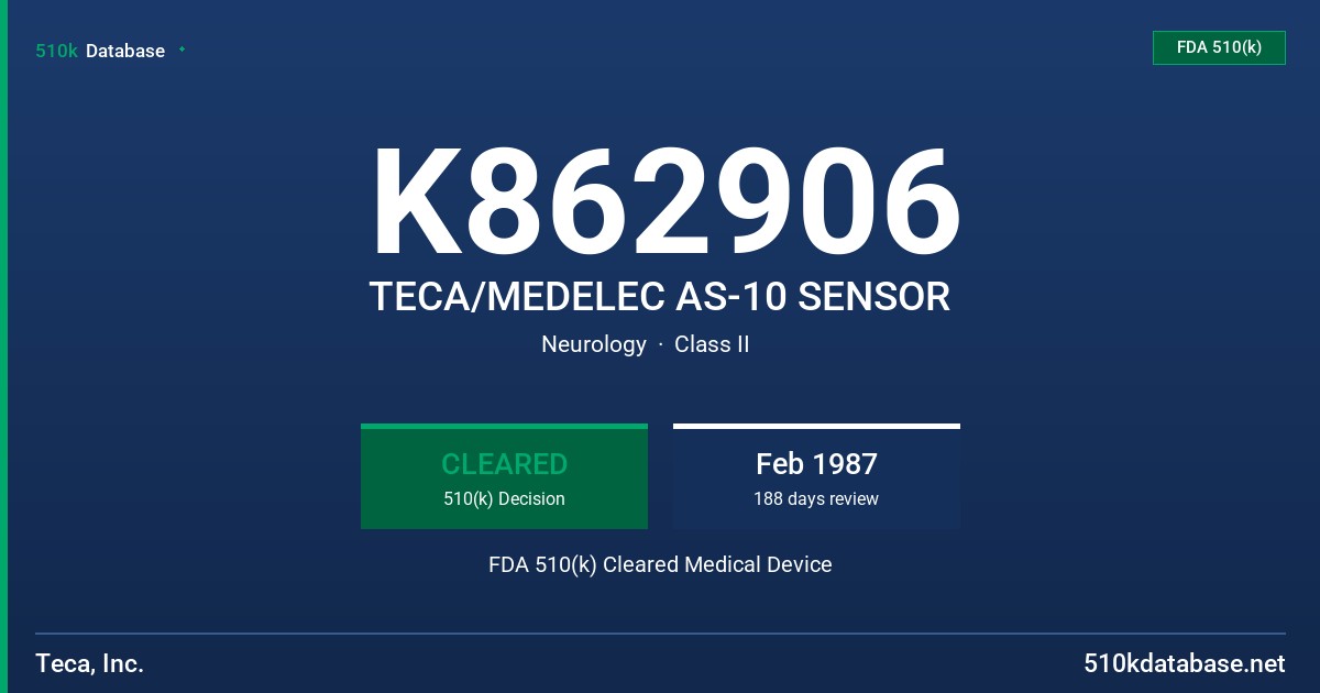 K862906 TECA/MEDELEC AS-10 SENSOR FDA 510(k) Cleared Medical Device