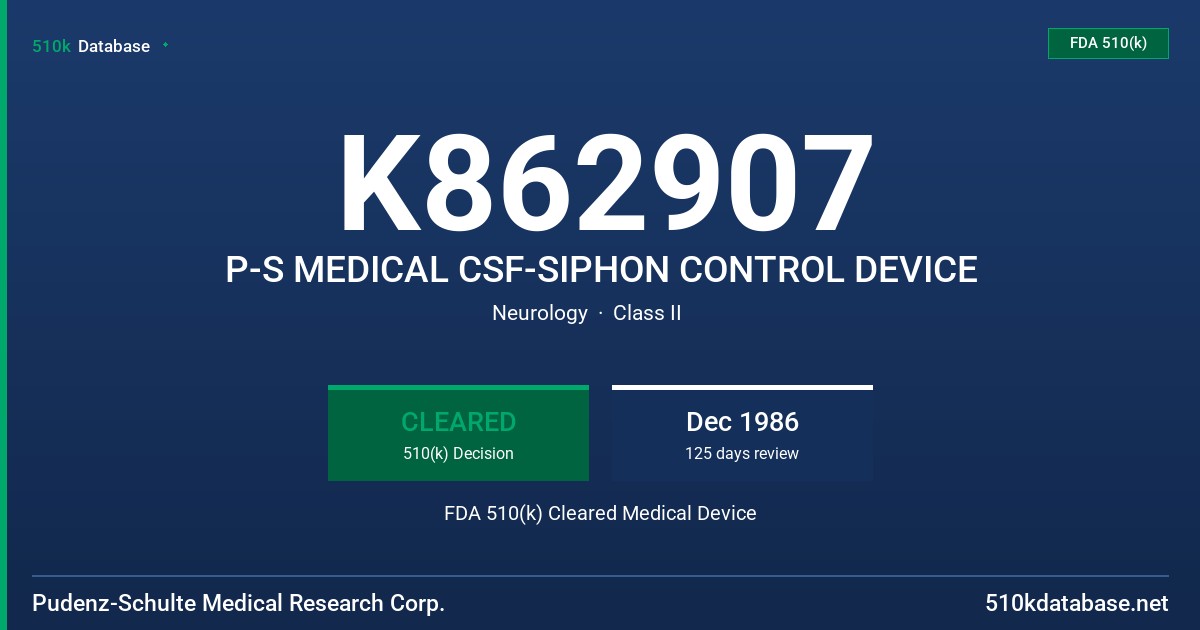 K862907 P-S MEDICAL CSF-SIPHON CONTROL DEVICE FDA 510(k) Cleared Medical Device