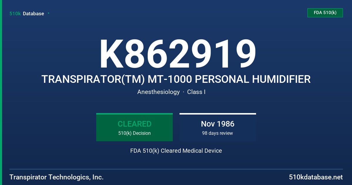 K862919 TRANSPIRATOR(TM) MT-1000 PERSONAL HUMIDIFIER FDA 510(k) Cleared Medical Device