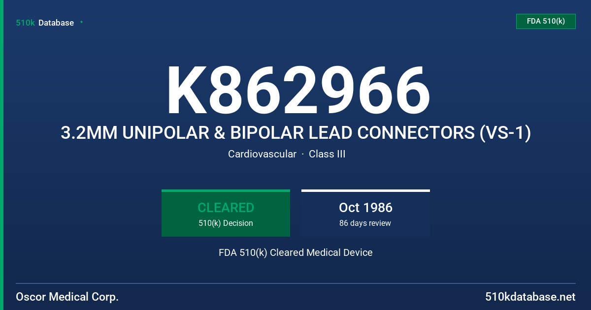 K862966 3.2MM UNIPOLAR & BIPOLAR LEAD CONNECTORS (VS-1) FDA 510(k) Cleared Medical Device
