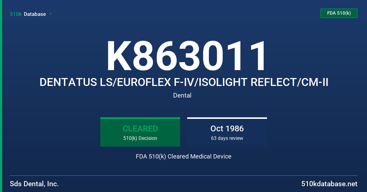 K863011 DENTATUS LS/EUROFLEX F-IV/ISOLIGHT REFLECT/CM-II FDA 510(k) Cleared Medical Device