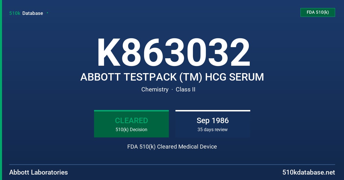 K863032 ABBOTT TESTPACK (TM) HCG SERUM FDA 510(k) Cleared Medical Device