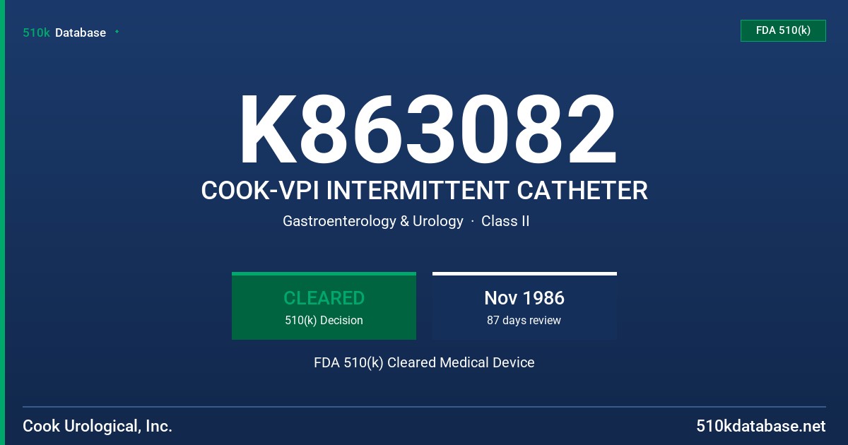 K863082 COOK-VPI INTERMITTENT CATHETER FDA 510(k) Cleared Medical Device