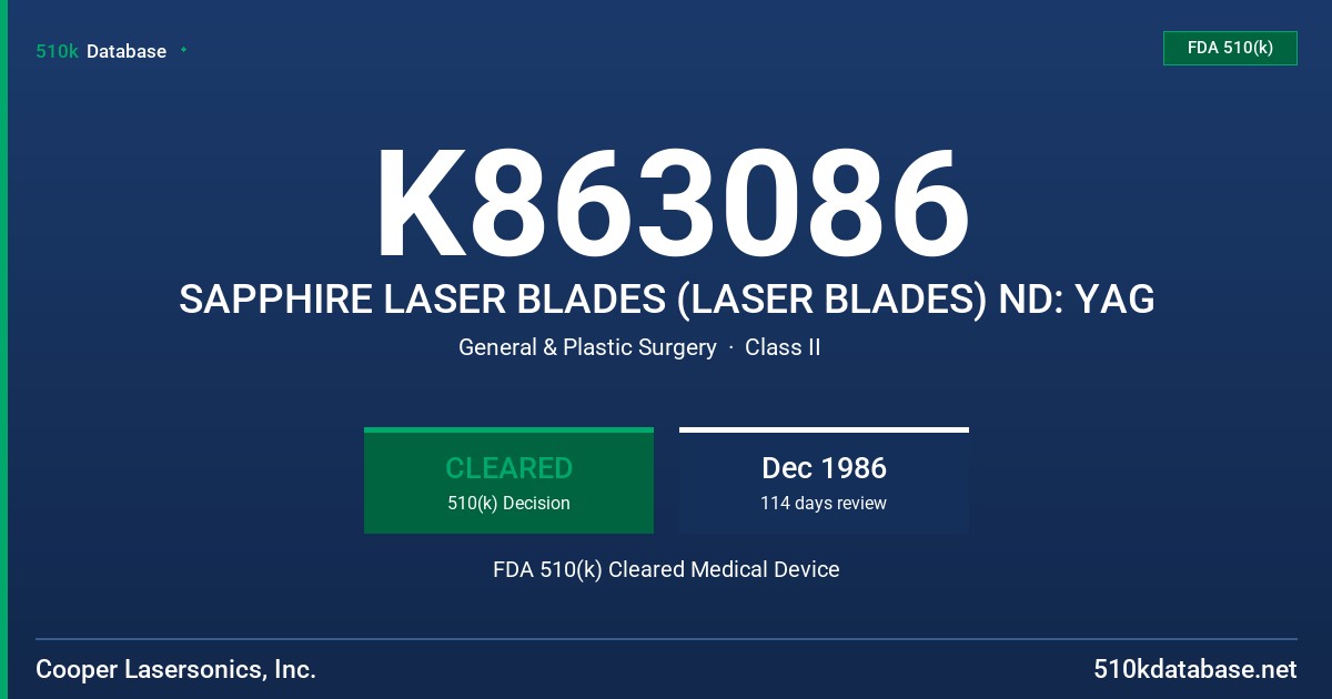 K863086 SAPPHIRE LASER BLADES (LASER BLADES) ND: YAG FDA 510(k) Cleared Medical Device