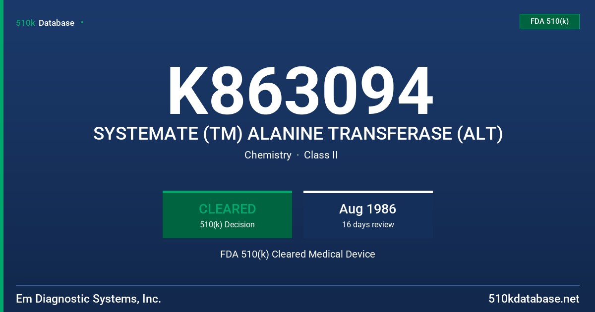 K863094 SYSTEMATE (TM) ALANINE TRANSFERASE (ALT) FDA 510(k) Cleared Medical Device
