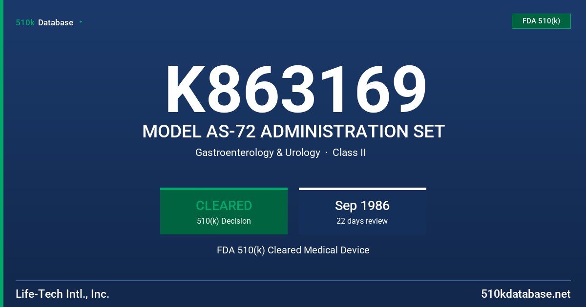 K863169 MODEL AS-72 ADMINISTRATION SET FDA 510(k) Cleared Medical Device