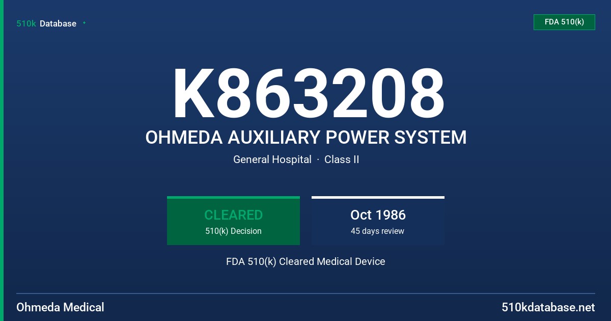 K863208 OHMEDA AUXILIARY POWER SYSTEM FDA 510(k) Cleared Medical Device