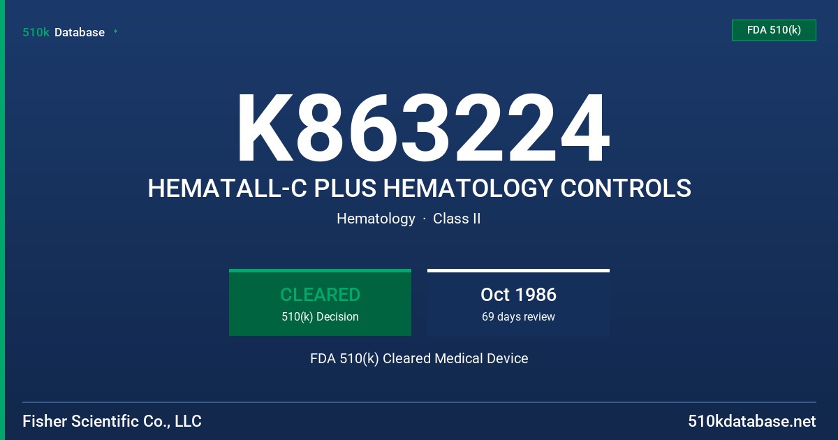 K863224 HEMATALL-C PLUS HEMATOLOGY CONTROLS FDA 510(k) Cleared Medical Device