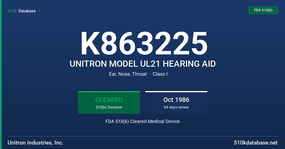 K863225 UNITRON MODEL UL21 HEARING AID FDA 510(k) Cleared Medical Device