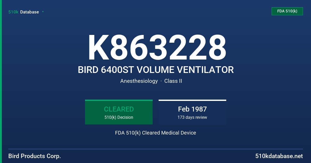 K863228 BIRD 6400ST VOLUME VENTILATOR FDA 510(k) Cleared Medical Device