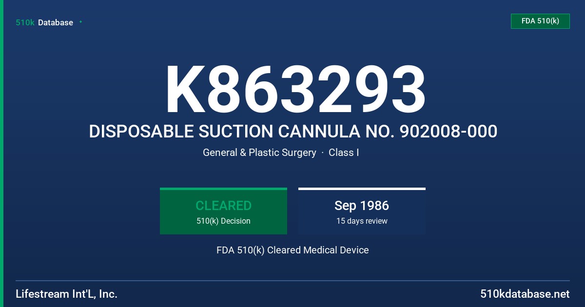 K863293 DISPOSABLE SUCTION CANNULA NO. 902008-000 FDA 510(k) Cleared Medical Device