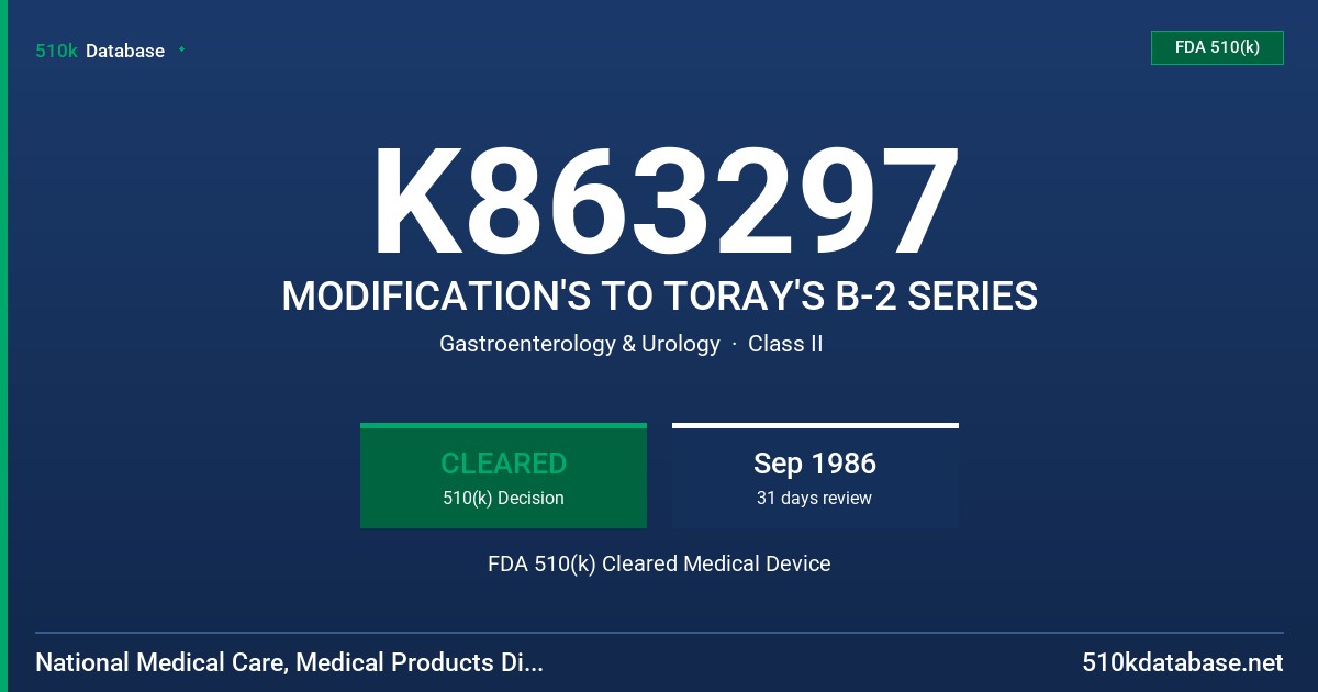 K863297 MODIFICATION'S TO TORAY'S B-2 SERIES FDA 510(k) Cleared Medical Device