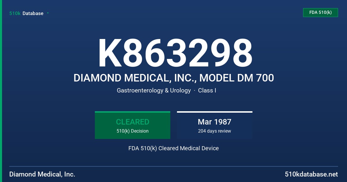K863298 DIAMOND MEDICAL, INC., MODEL DM 700 FDA 510(k) Cleared Medical Device