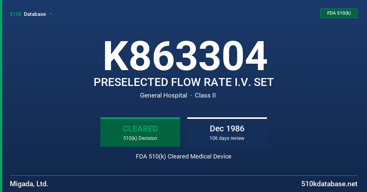 K863304 PRESELECTED FLOW RATE I.V. SET FDA 510(k) Cleared Medical Device
